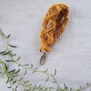 mustard macrame wristlet, keychain, key fob, mini macrame lanyard